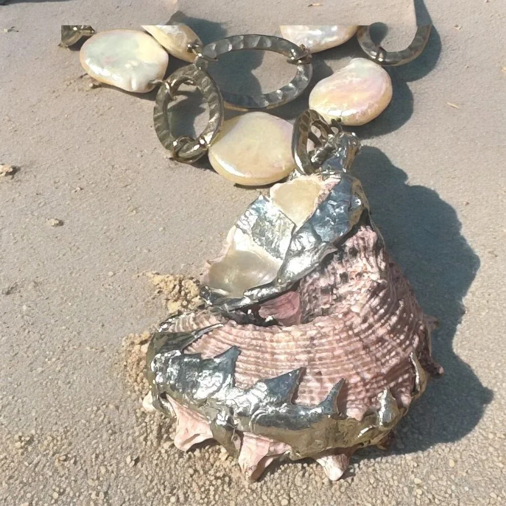 Conch Shell & White Keshi Teardrop Pearl Necklace With Artisan Silver Metalwork - Picture 6 of 17